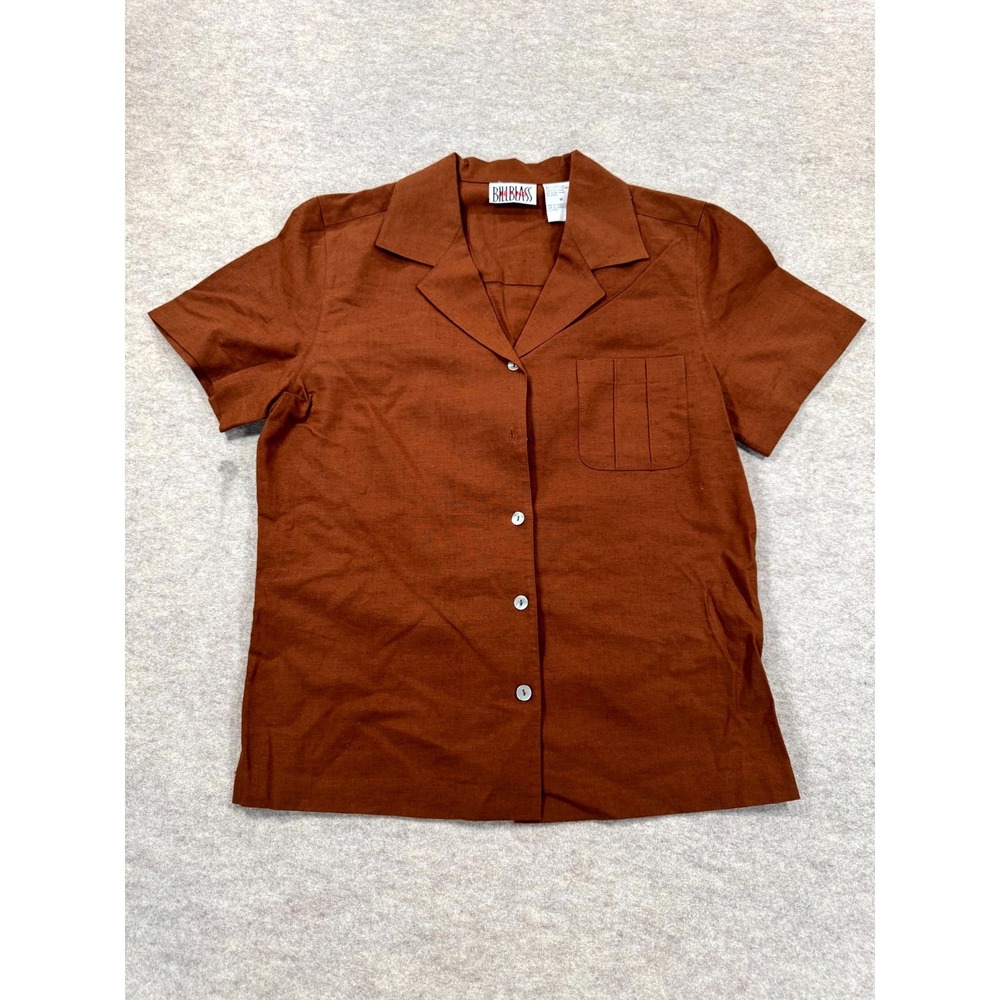 Vintage Bill Blass Jeans Brown Cotton Linen Camp Collar Shirt Womens Medium